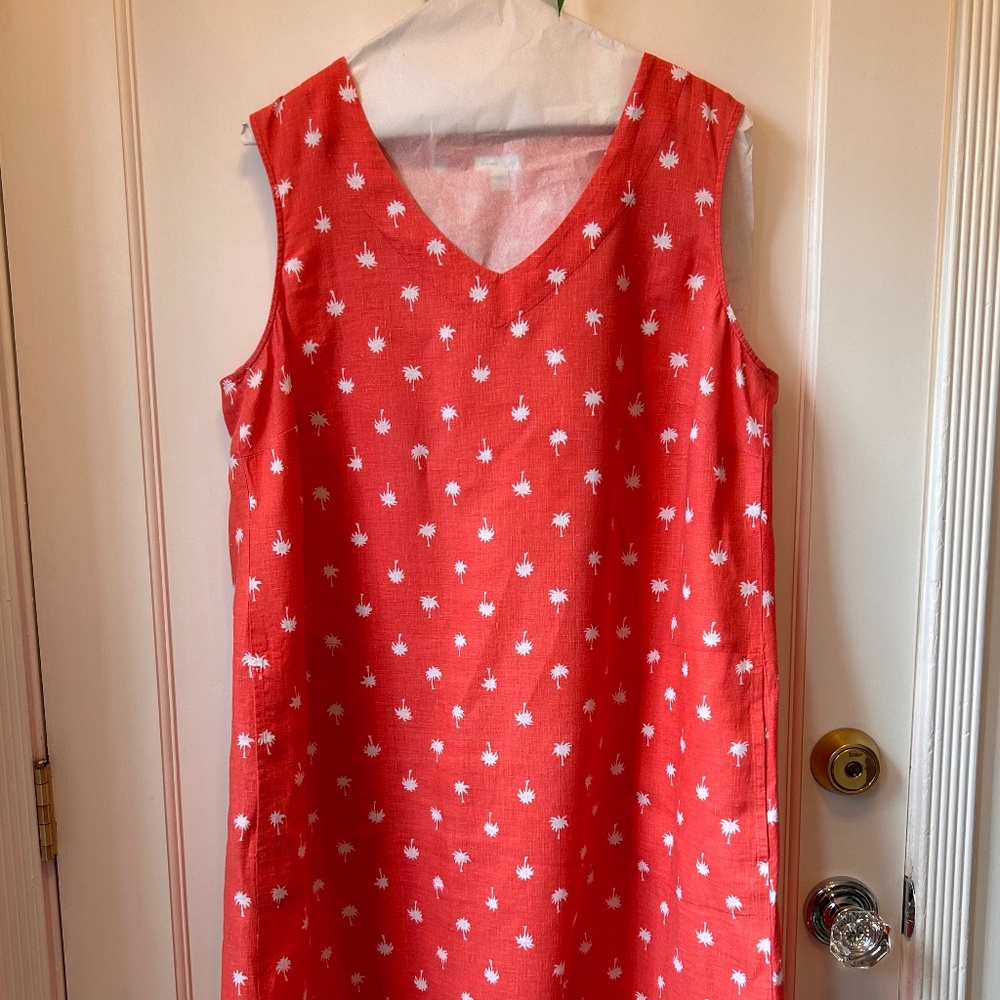 J. JILL SALMON / MELON PALM TREE POCKETS ! SHIFT DRESS RESORT SUMMER LINEN